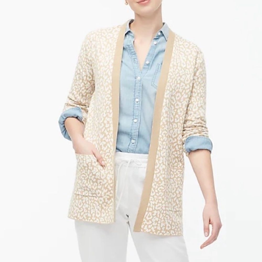 J. Crew Leopard Open Front Cardigan Sweater Cream/Tan